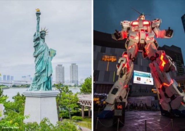 Odaiba โ Gundam gigante e Statua della Libertร